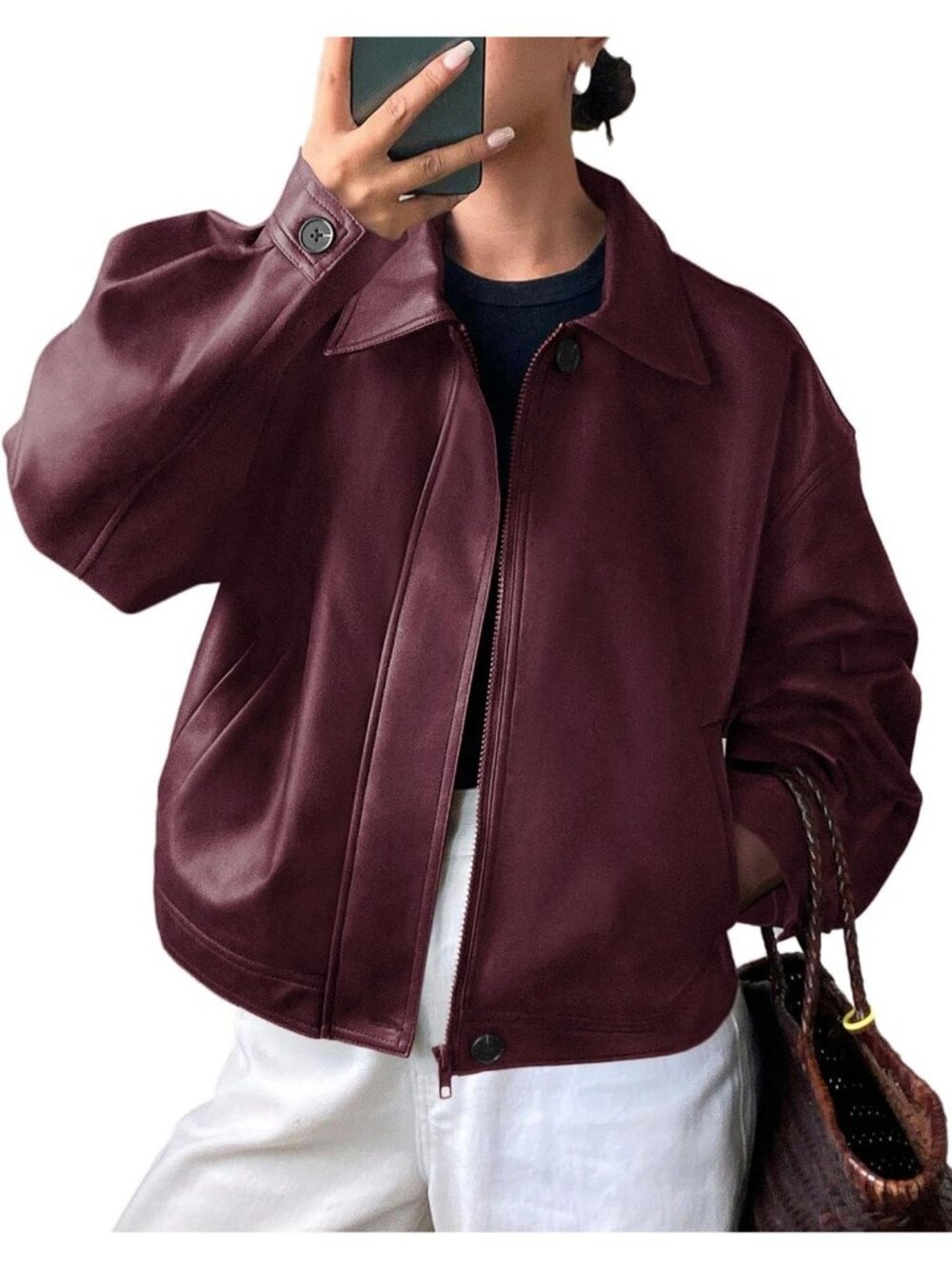 Womens Burgundy Faux Leather Oversized Fall ZIP Up Casual Coat Motorcycle Jacket